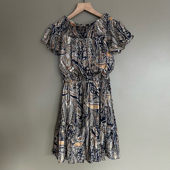 Lulu's Always Right Multi Print Off Shoulder Mini Dress Size XS Ruffle Hem Chic - Picture 15 of 16